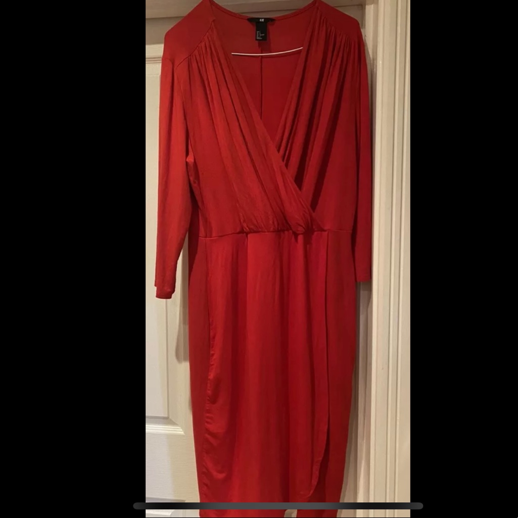H&M Ladies Jersey Red Long Sleeve Wrap Dress Size Large